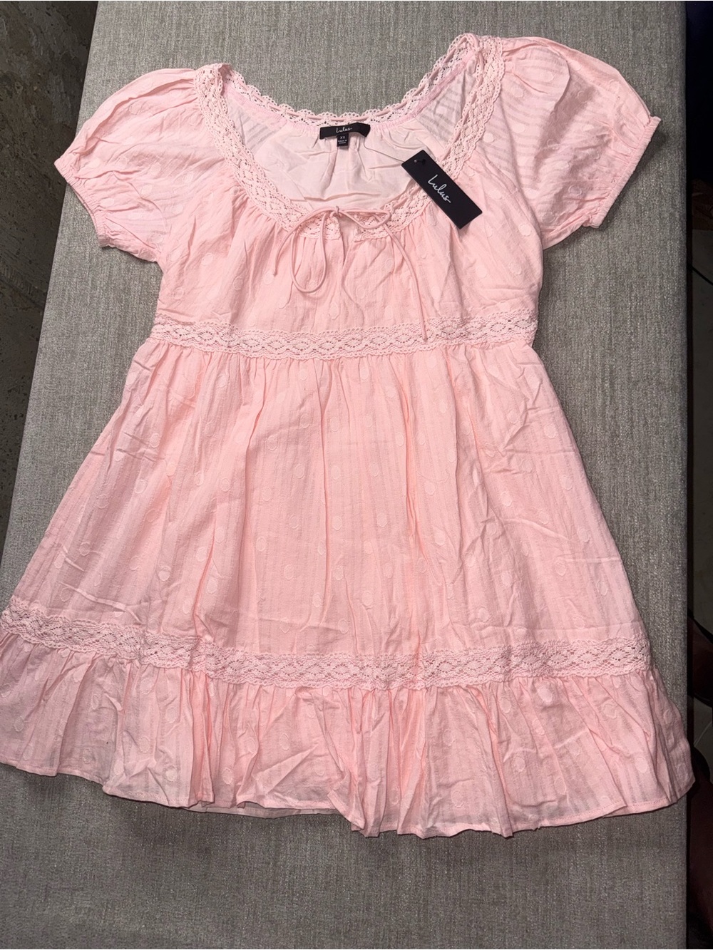 Lulus Pink Swiss Dot Lace Trim Babydoll Mini Dress XS NWT